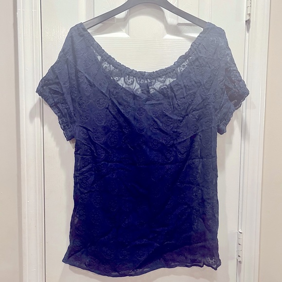 LUCKY BRAND Tassel Tie Split Neck Top peasant blouse Sheer medallion lace - Picture 2 of 10